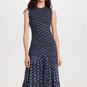 Ruched floral sleeveless midi Veronica Beard Verena Dress blue pattern